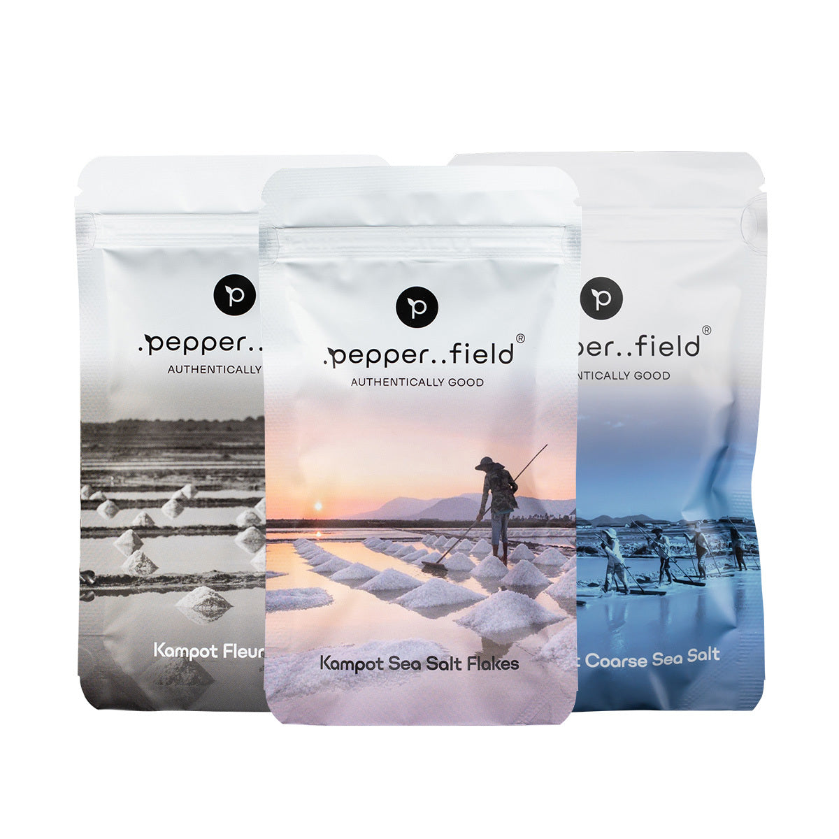 Multipack de sels naturels de Kampot - fleur de sel (100 g), pyramides de sel (100 g), gros sel (120 g)