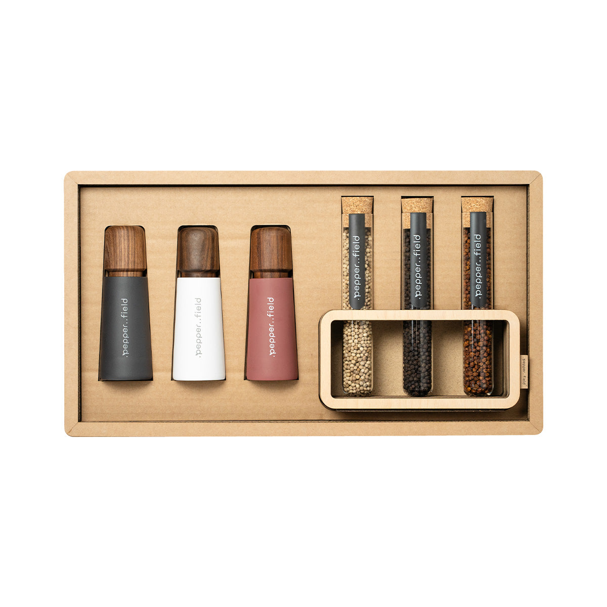 Luxury gift box made of recycled cardboard with 3 grinders and Kampot m of pepper 3x70 g in test tubes with a stand