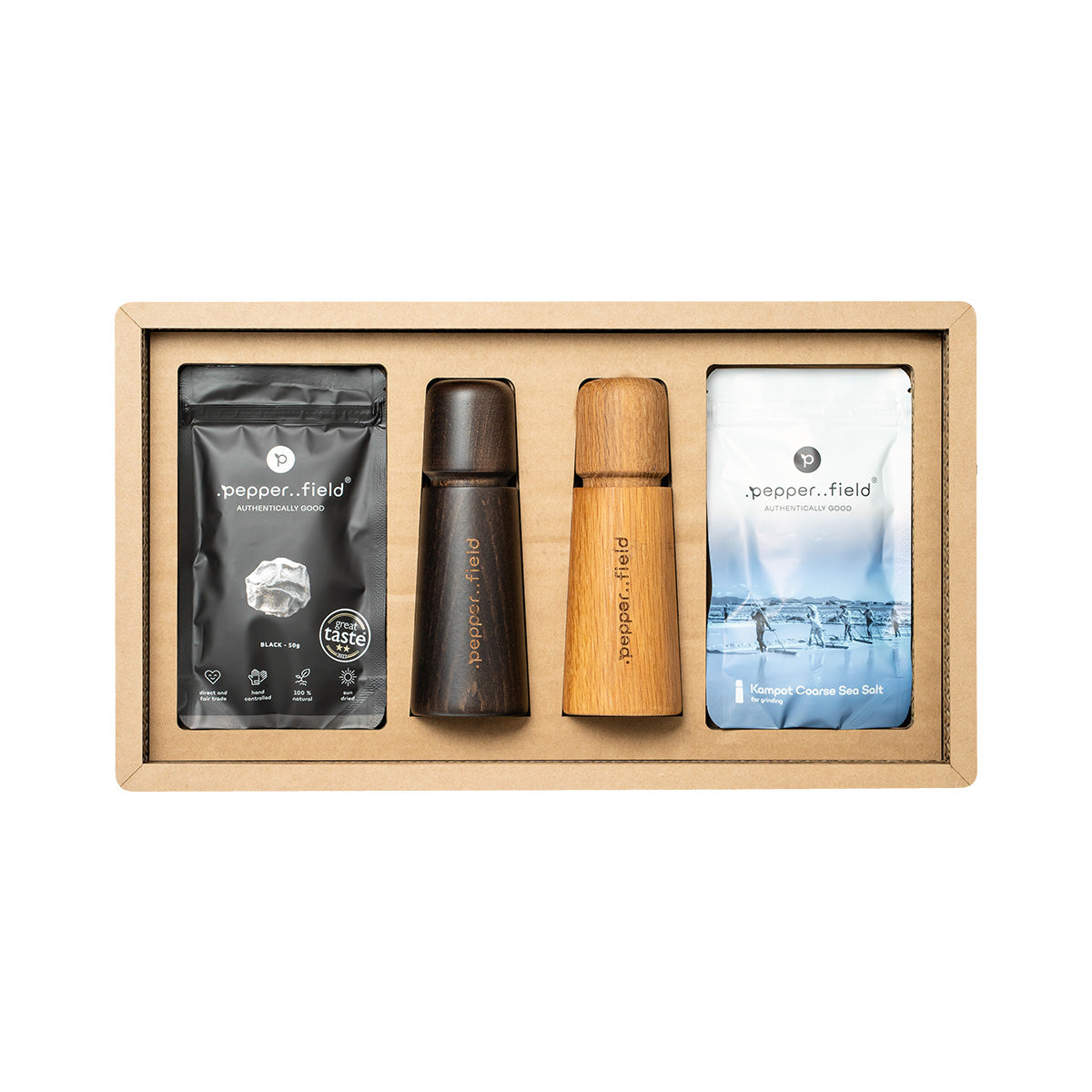 Scandinavian mills with Kampot pepper (50 g) and sea salt (120 g) in a gift cardboard box
