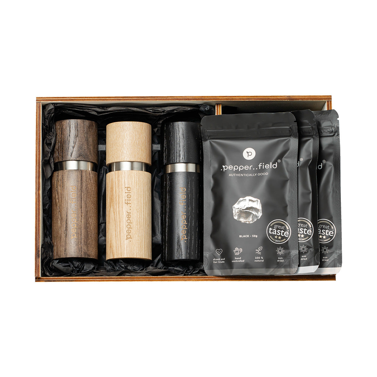 Kampot pepper - set of 3 grinders and 3 doypacks (3x50 g) in a huge gift case