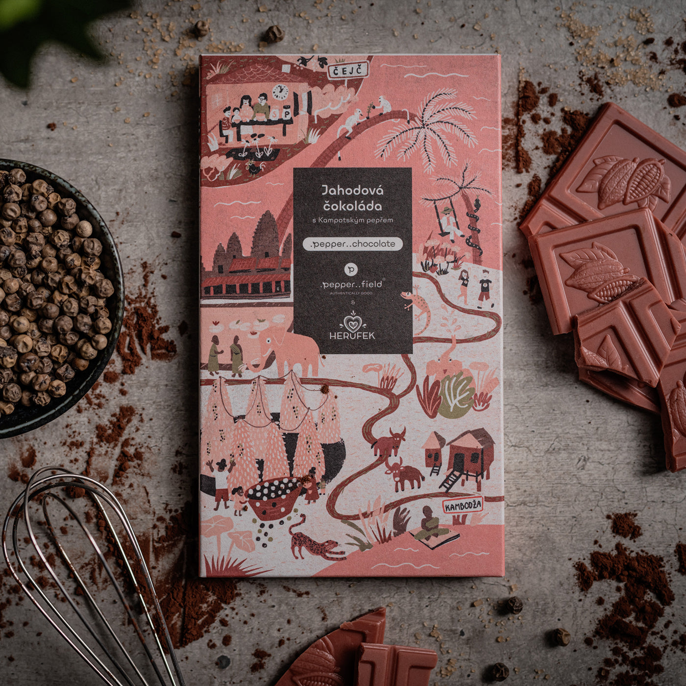 Jahodová čokoláda s lyofilizovaným Kampotským pepřem – .pepper..chocolate 50 g
