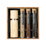 Maxi darčeková sada – veľký mlynček (20 cm) + 3 druhy Kampotského korenia v českom skle (3× 70 g)