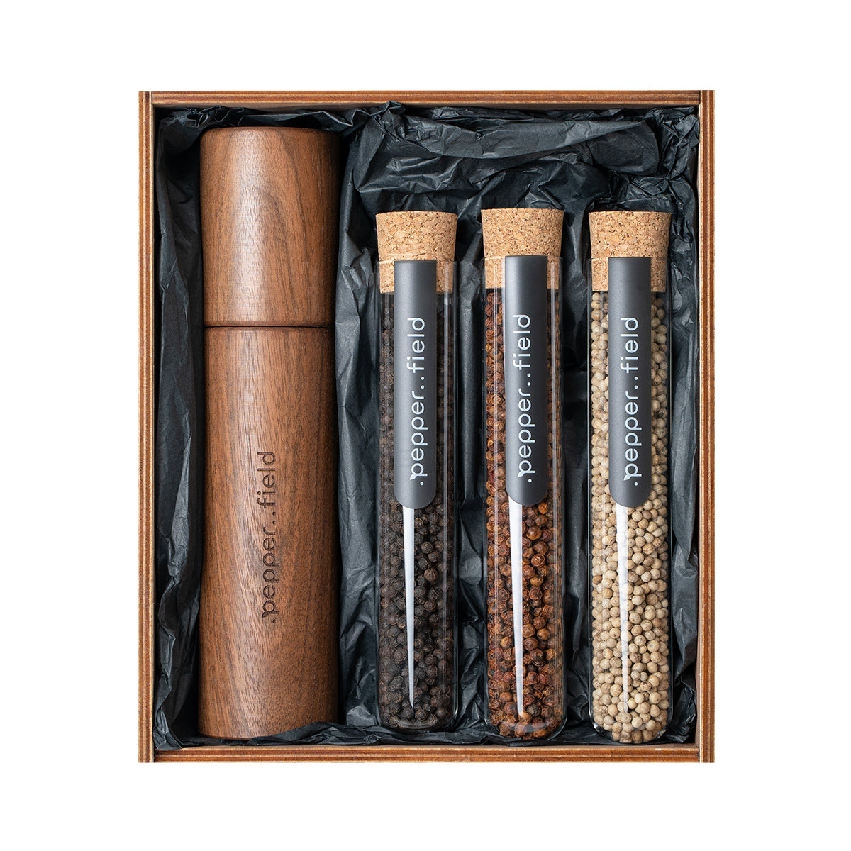 DARK premium set with a 25 cm Czech grinder + 3x70 g Kampot pepper in a Czech glass