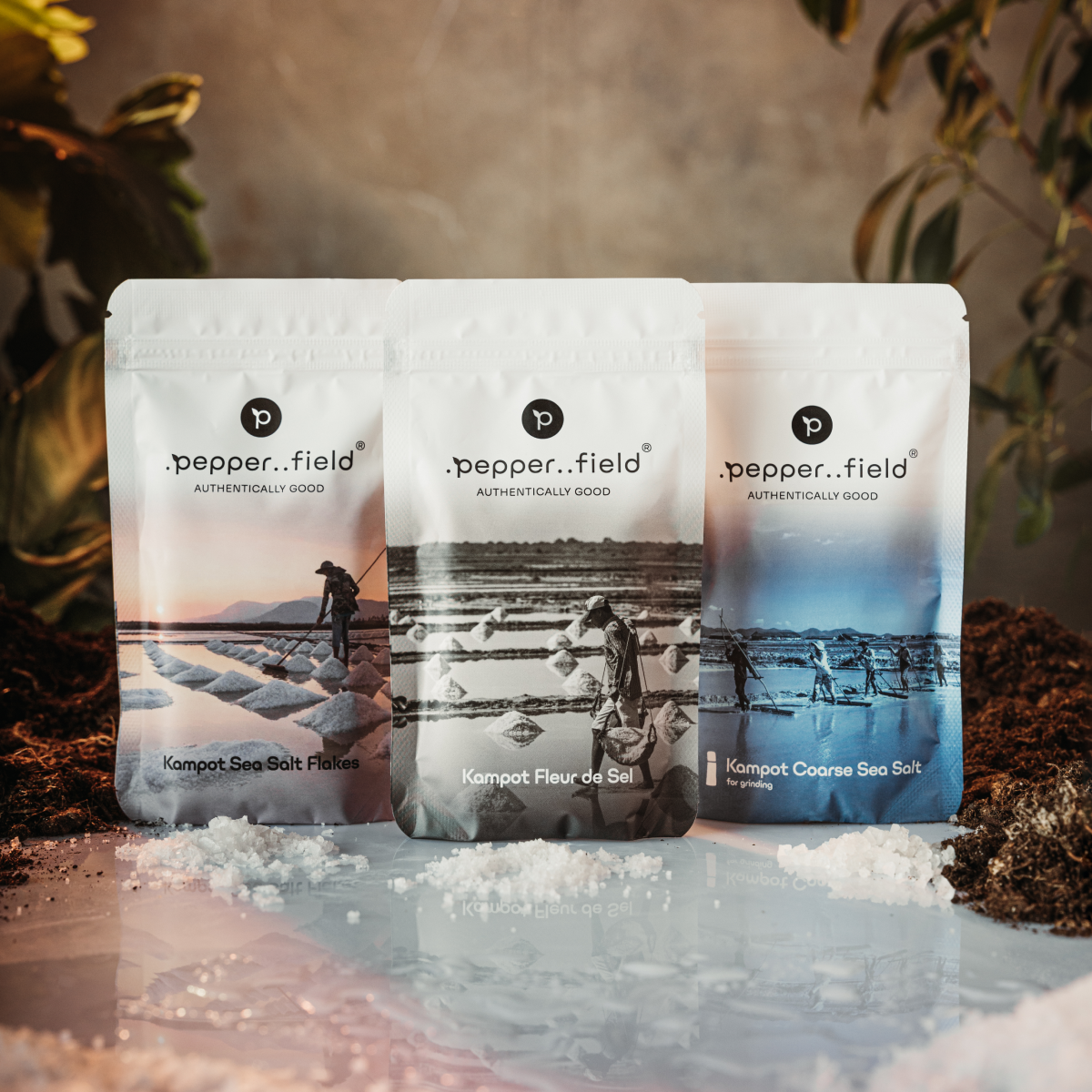 Multipack de sels naturels de Kampot - fleur de sel (100 g), pyramides de sel (100 g), gros sel (120 g)