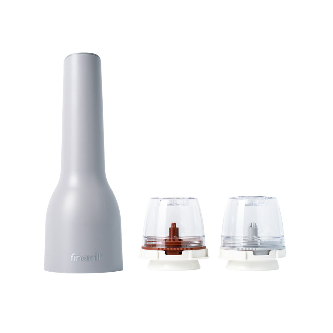 Darčeková sada FinaMill – matný sivý dobíjací mlynček s dvoma zásobníkmi 