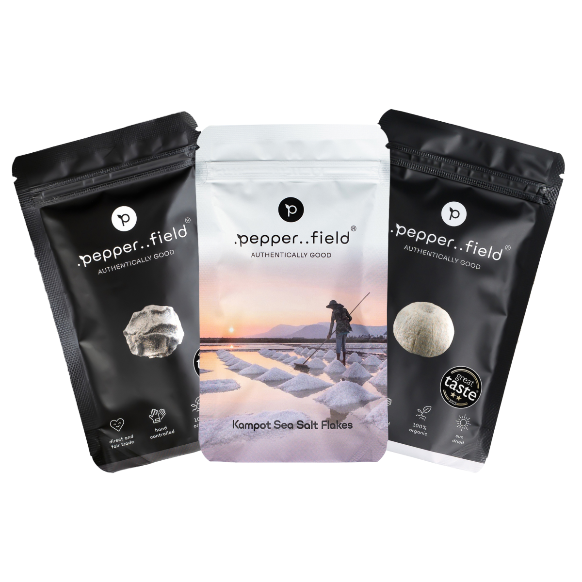 2+1: Černý a bílý Kampotský pepř, solné pyramidy (Salt Flakes)