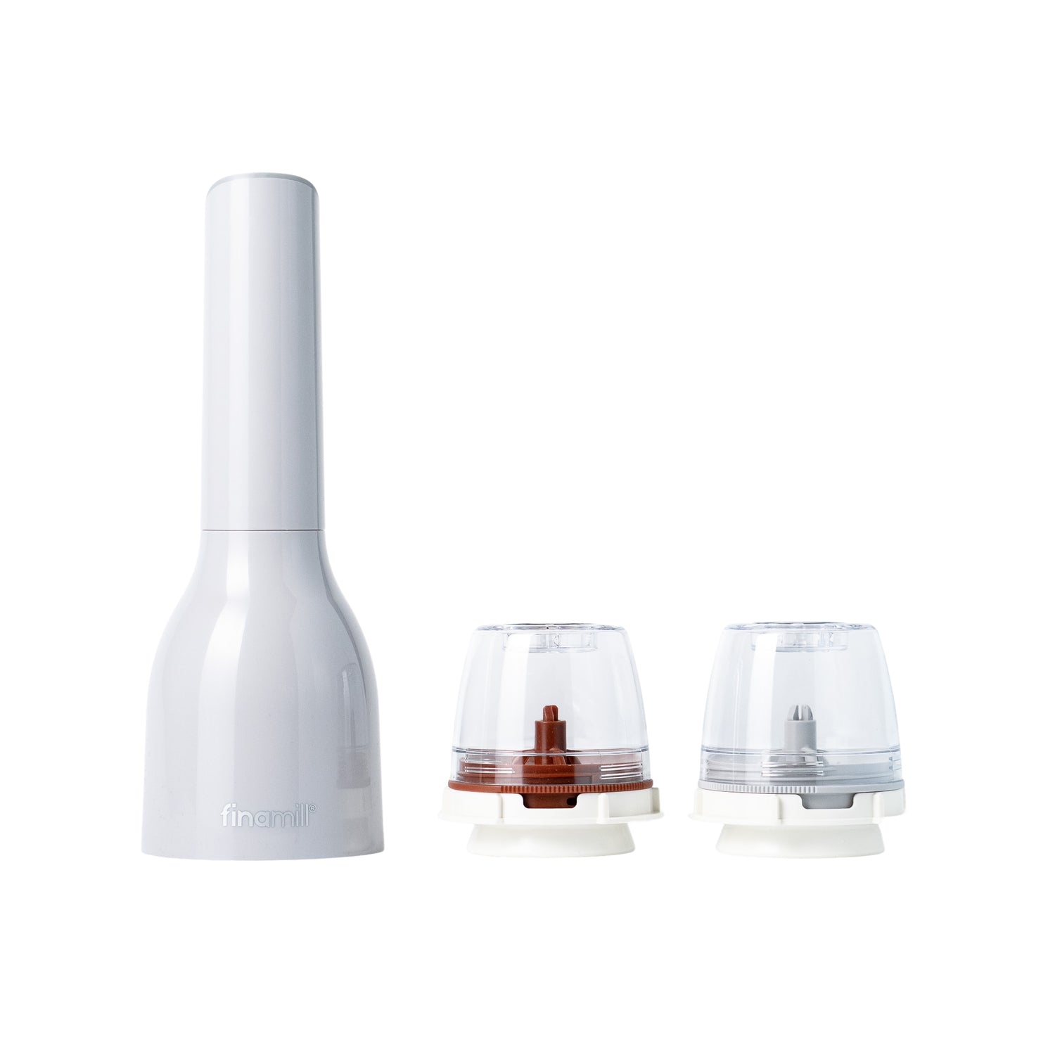 Darčeková sada FinaMill – lesklý sivý batériový mlynček s dvoma zásobníkmi 