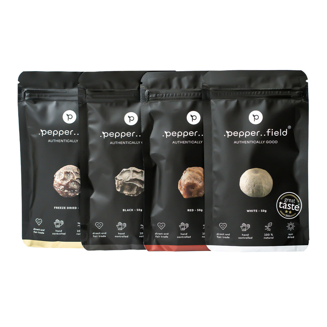 Kampotské korenie čierne, červené a biele + zelené lyofilizované (4× 50 g) 