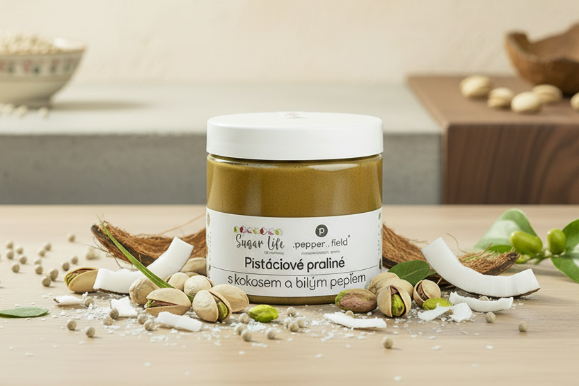 Pistáciové maslo s bielou čokoládou, malinami a Kampotským korením 