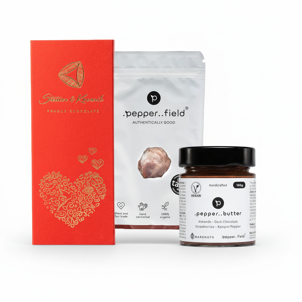 Valentýnský mandlový balíček + 20 g červené Kampotského pepře jako dárek