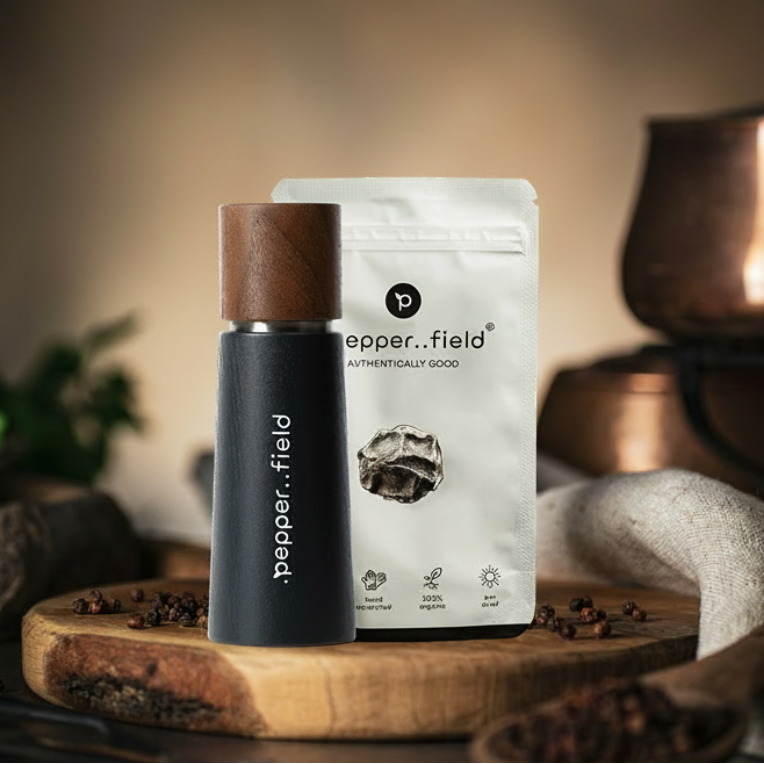 Tmavě šedý mlýnek .pepper..field original + černý Kampotský pepř (20 g)