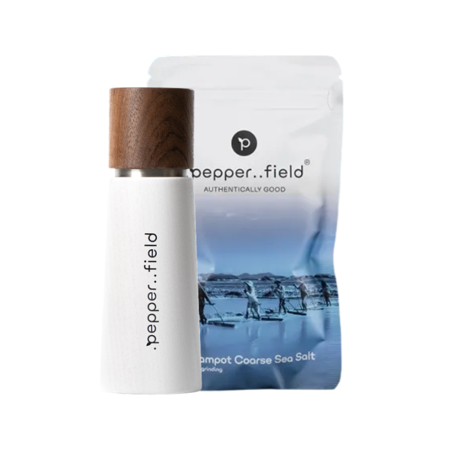 Biely mlynček .pepper..field original + hrubozrnná Kampotská soľ (120 g) 