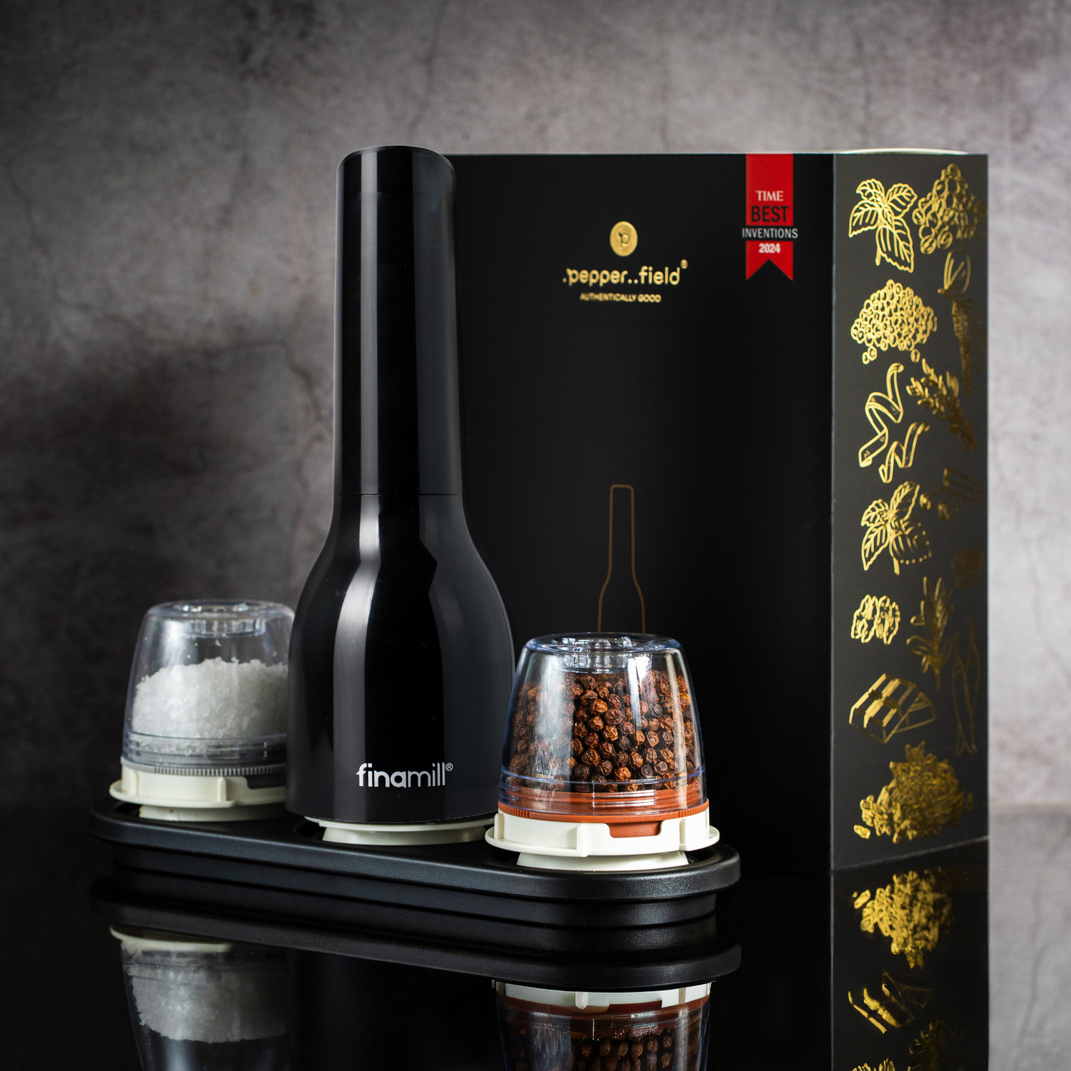 Darčeková sada FinaMill – lesklý čierny batériový mlynček s dvoma zásobníkmi 