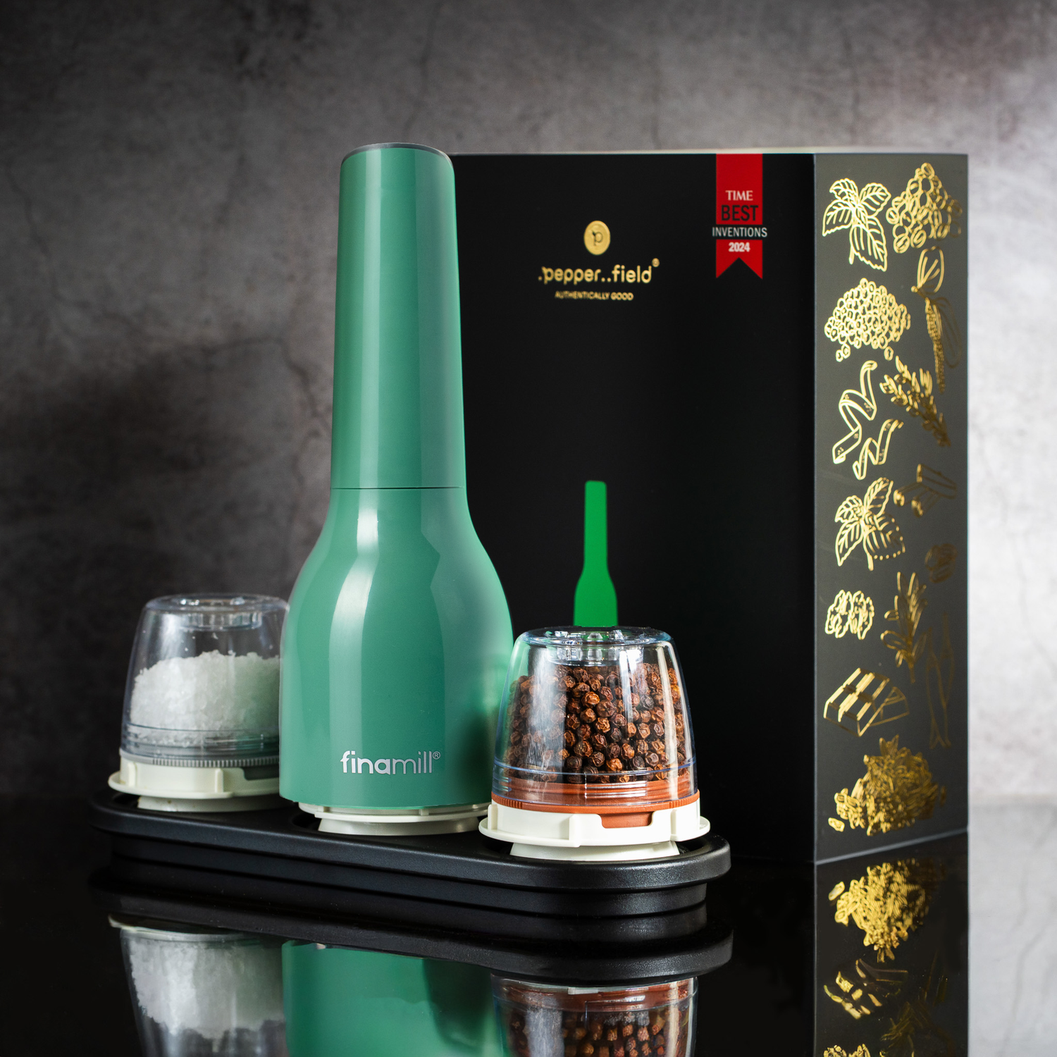 Darčeková sada FinaMill – lesklý zelený batériový mlynček s dvoma zásobníkmi 
