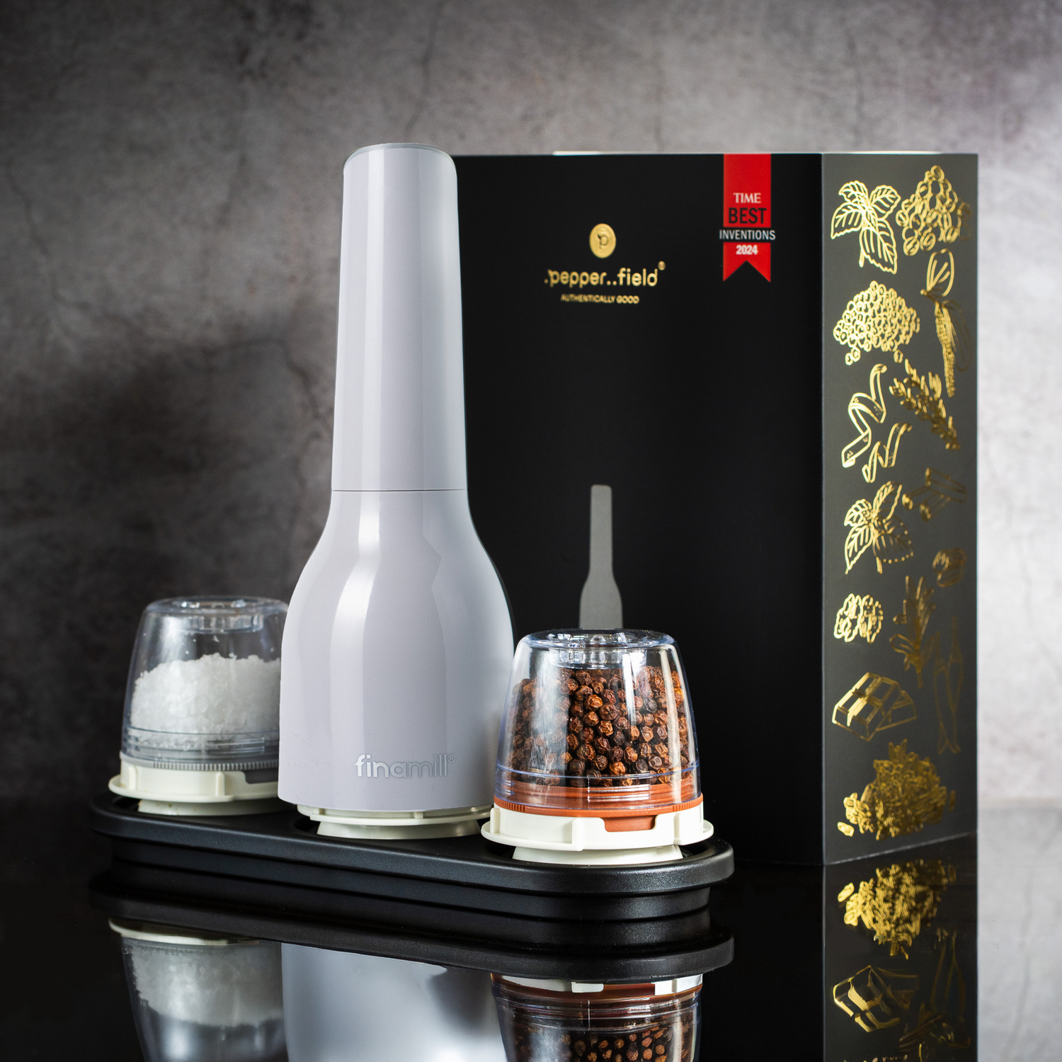 Darčeková sada FinaMill – lesklý sivý batériový mlynček s dvoma zásobníkmi 
