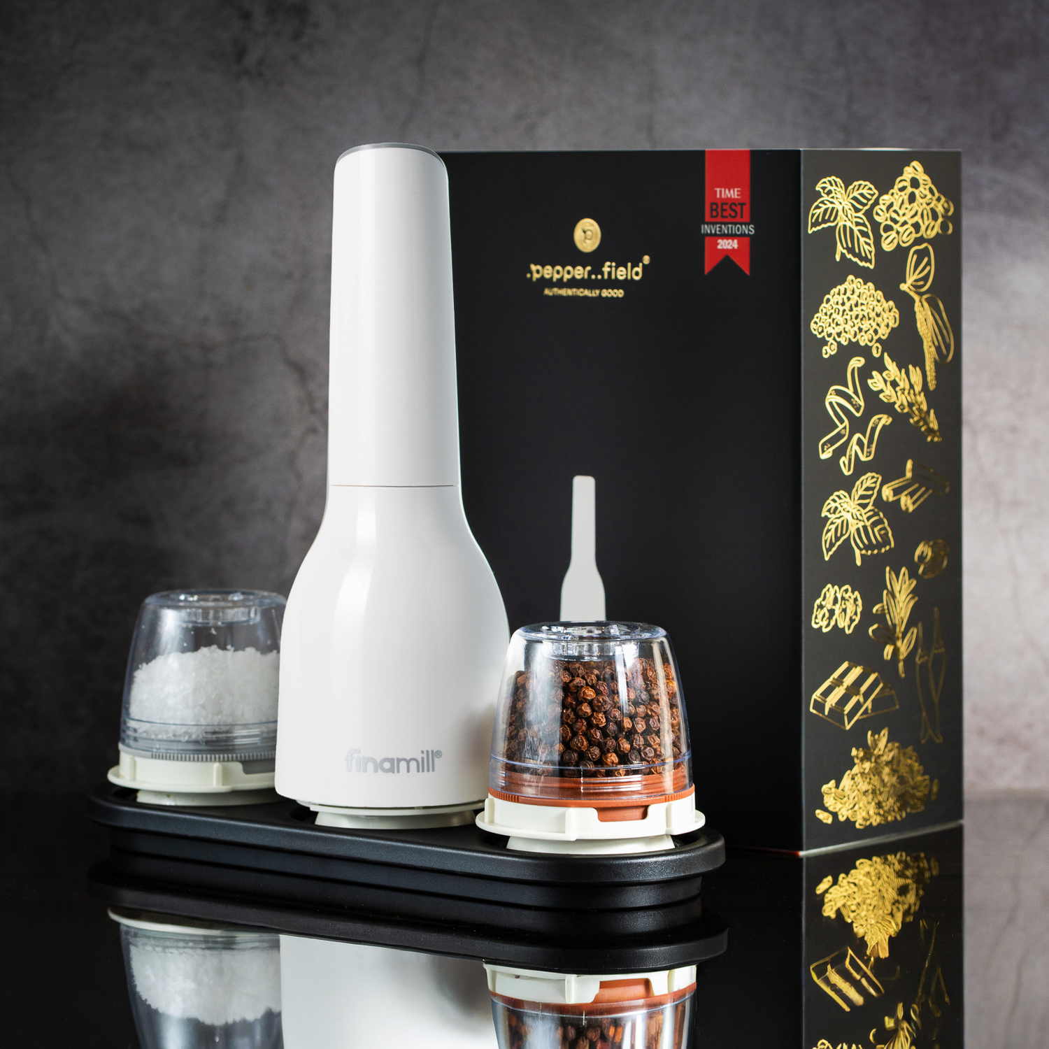 Darčeková sada FinaMill – lesklý biely batériový mlynček s dvoma zásobníkmi 