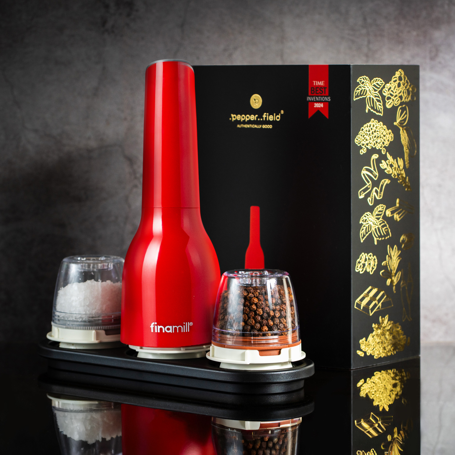Darčeková sada FinaMill – lesklý červený batériový mlynček s dvoma zásobníkmi 